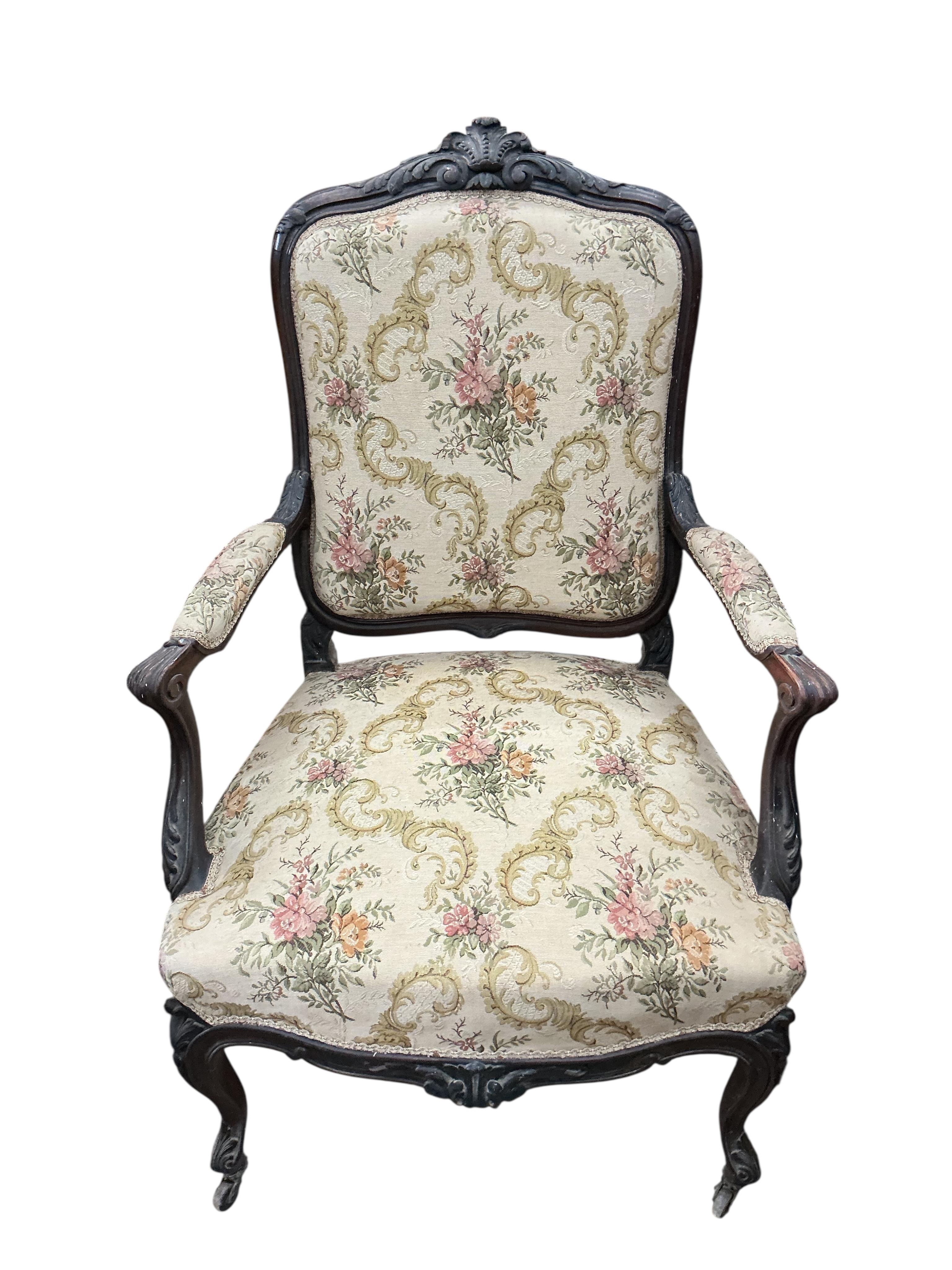 Three 19th century French carved tapestry upholstered chairs, one with arms, largest width 64cm, depth 56cm, height 105cm